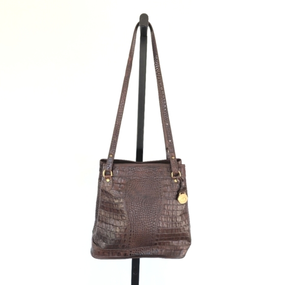 Brahmin Toasted Pecan Croc Embossed Double Strap Leather Shoulder Bag - Picture 1 of 13